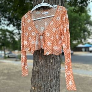 Orange Floral Sheer Top Front Tie Cropped Long Sleeve